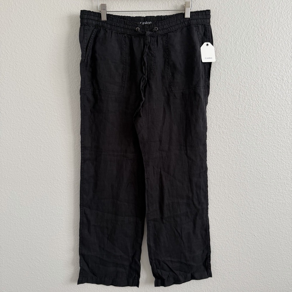 Caslon Womens Medium Petite MP Black Linen Pants Pull-On Drawstring Wide Leg NWT - Picture 2 of 5